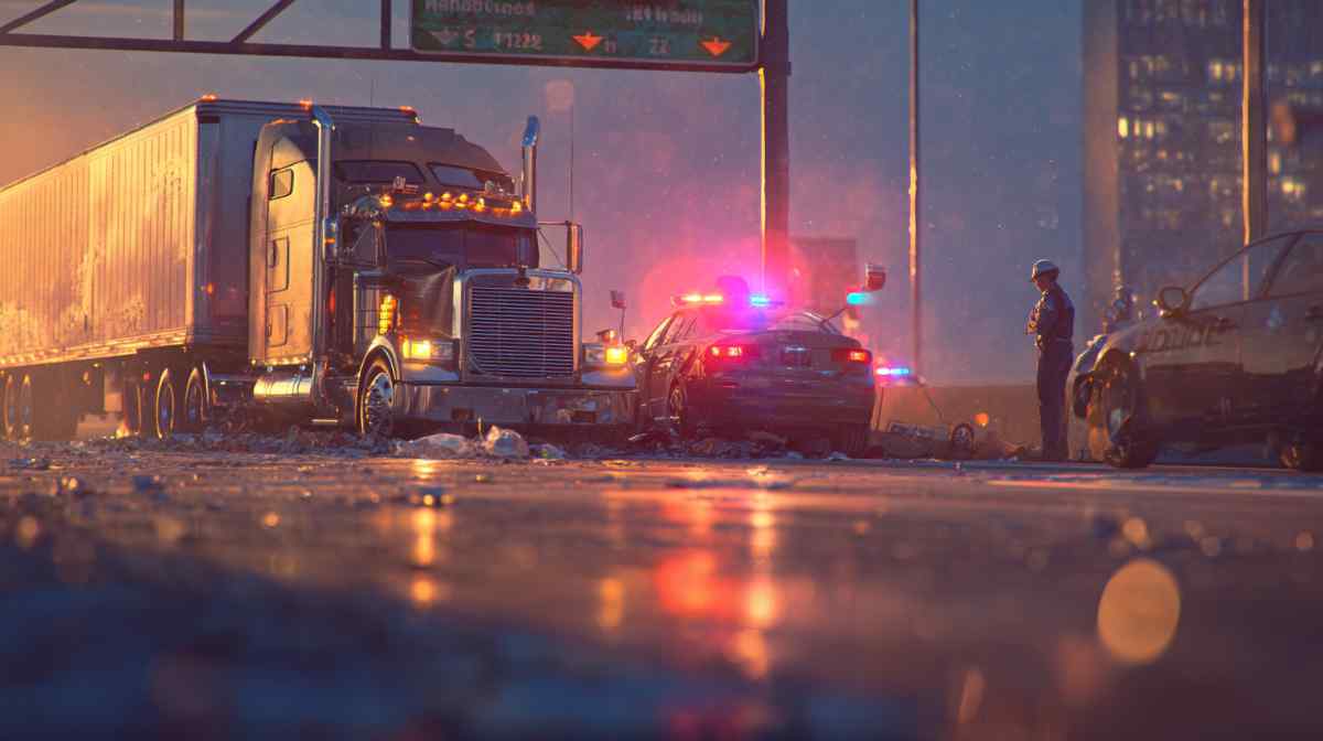 Police lights at the scene of a serious truck accident with a car on a Kansas City highway
