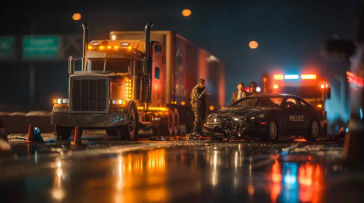 Semi-truck accident scene with a lawyer preserving evidence and advising a victim in Kansas City